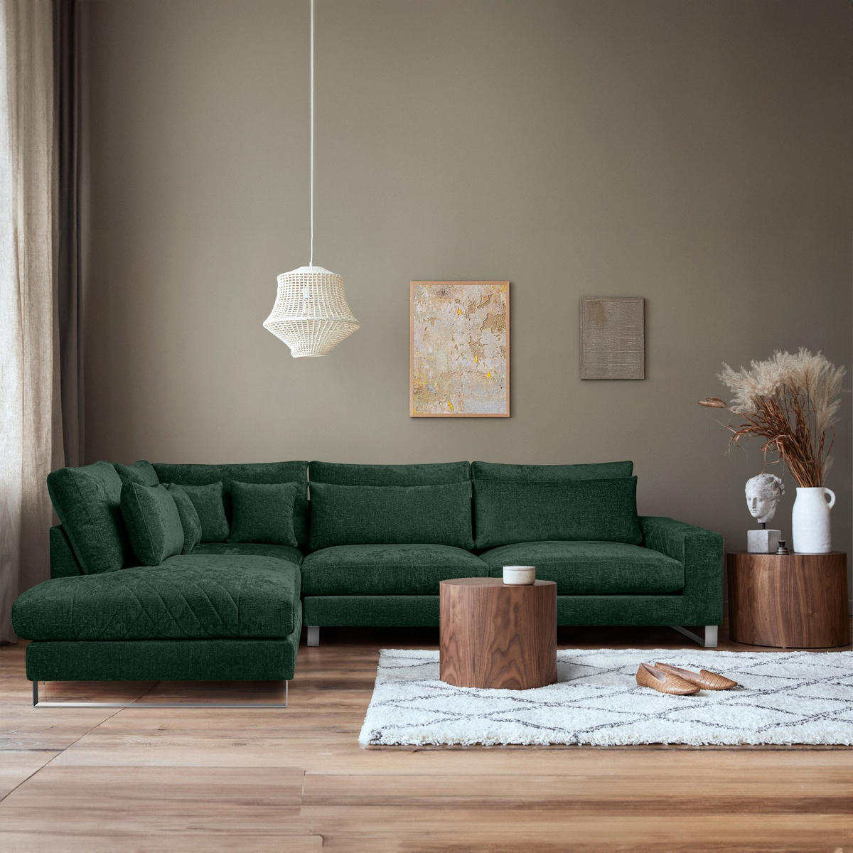 ECKSOFA LINKS BRENTIS Chenille-Stoff, Grün - Grün, Textil (314/224cm) - KONSIMO®