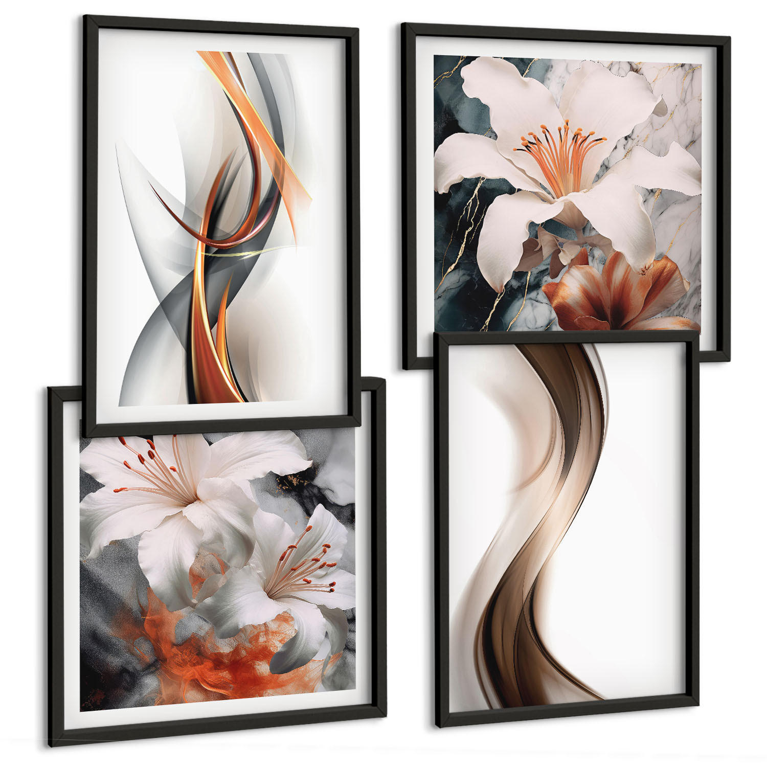 BILDER SET 4er Set - 50x50 cm & 40x60 cm Schwarzer Rahmen - Gelbgrau-braune Wellen - Schwarz, Kunststoff (50/50cm) - TULUP