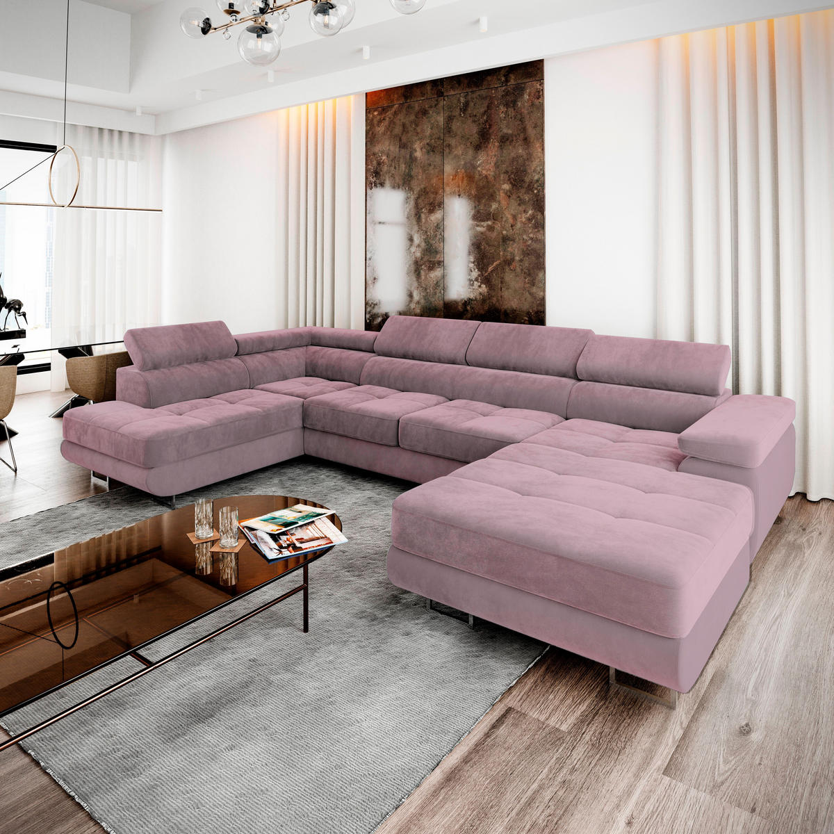 WOHNLANDSCHAFT CASONE L-S Lila Velours-Stoff mit Schlaffunktion - Lila, Holz (345/90/202cm) - MASSENO