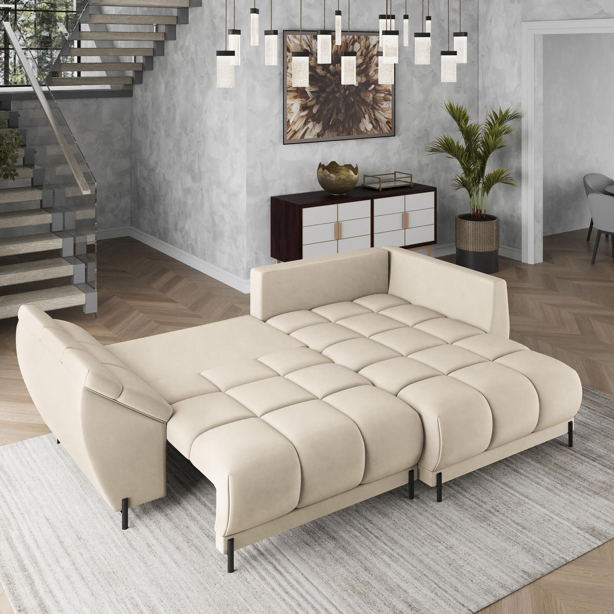 ECKSOFA VESTANO R-S Creme Velours-Stoff mit Schlaffunktion - Creme, Holz (287/182cm) - MASSENO