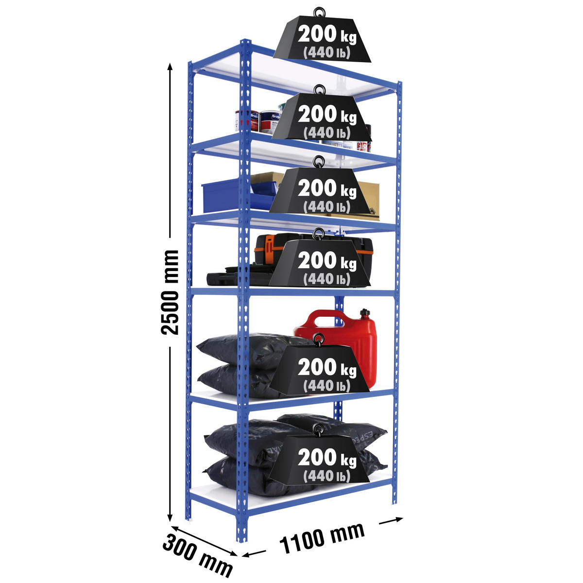 SCHWERLASTREGAL Giant Metal Shark HxBxT 250 x 110 x 30 cm Fachlast 200 kg Blau-Weiß - Blau, Metall (110/250/30cm) - PROREGAL