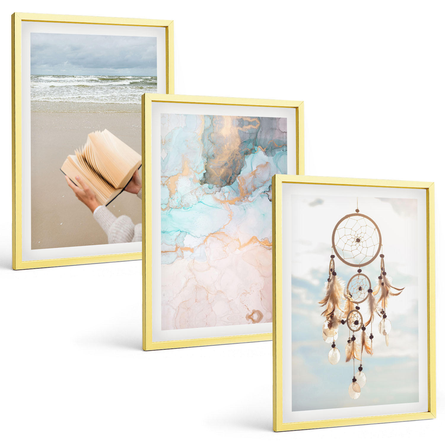 BILDER SET 3er Set - 40x60 cm Goldrahmen - Abstraktes Meeresbuch Boho - Goldfarben, Kunststoff (40/60cm) - TULUP