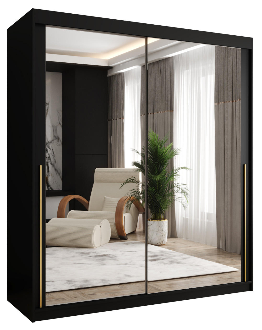 SCHIEBETÜRENSCHRANK mit Spiegel 180 cm Breite, Schwarz mit goldenem Griff - Goldfarben/Schwarz, Holzwerkstoff (180/200/62cm) - Home Collective