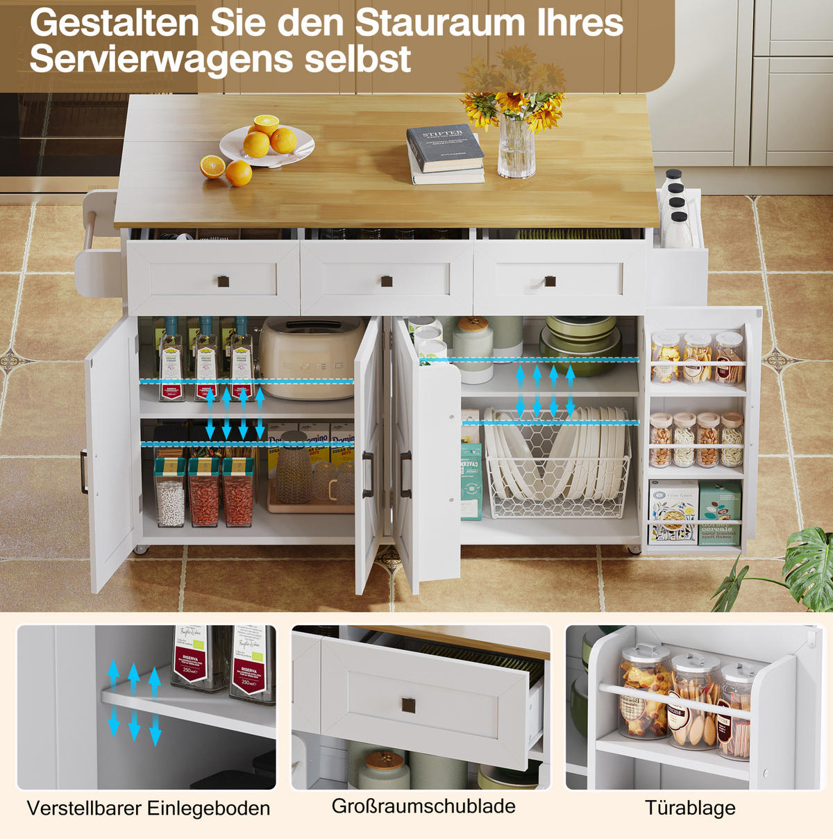 KÜCHENINSEL aus MDF 140x43(70)x90,5 cm Weiß/Natur mit klappbarer Arbeitsplatte, Rollen und viel Stauraum - Weiß, Holzwerkstoff (140/93/70cm) - Modfu