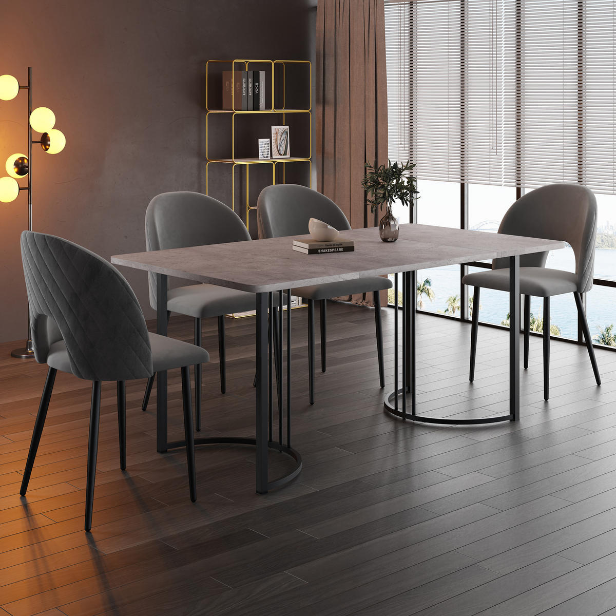 ESSGRUPPE 5-teilig mit grauem Marmor-Optik-Tisch 140x80 und vier grauen Samtstühlen als Küchentischset, grau-schwarz - Schwarz, Textil (80/75/140cm) - Luhomfu