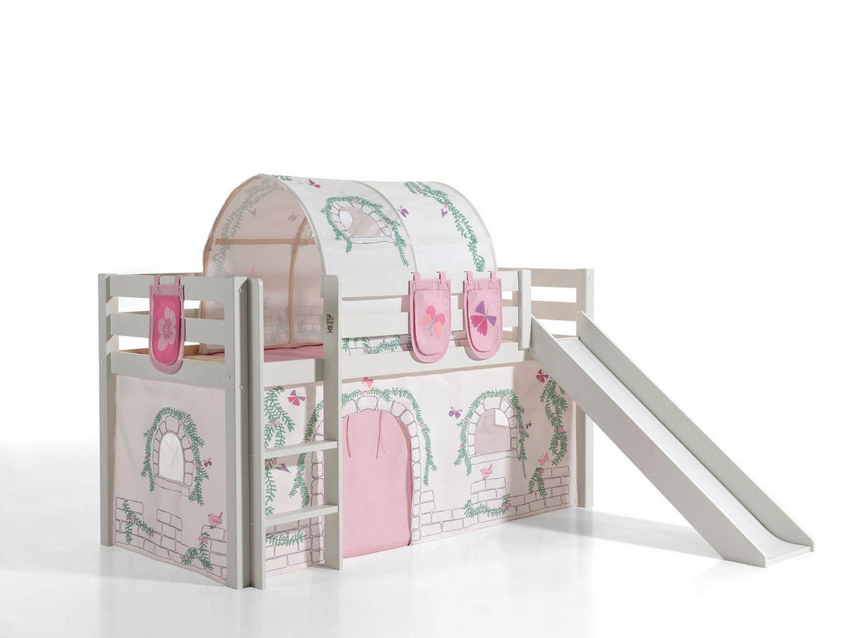 HOCHBETT mit Rutsche Karolina Massivholz Weiß Textilset Burg 4 - Hellgrau/Weiß, Holz (90/200cm) - 58aufmkessel