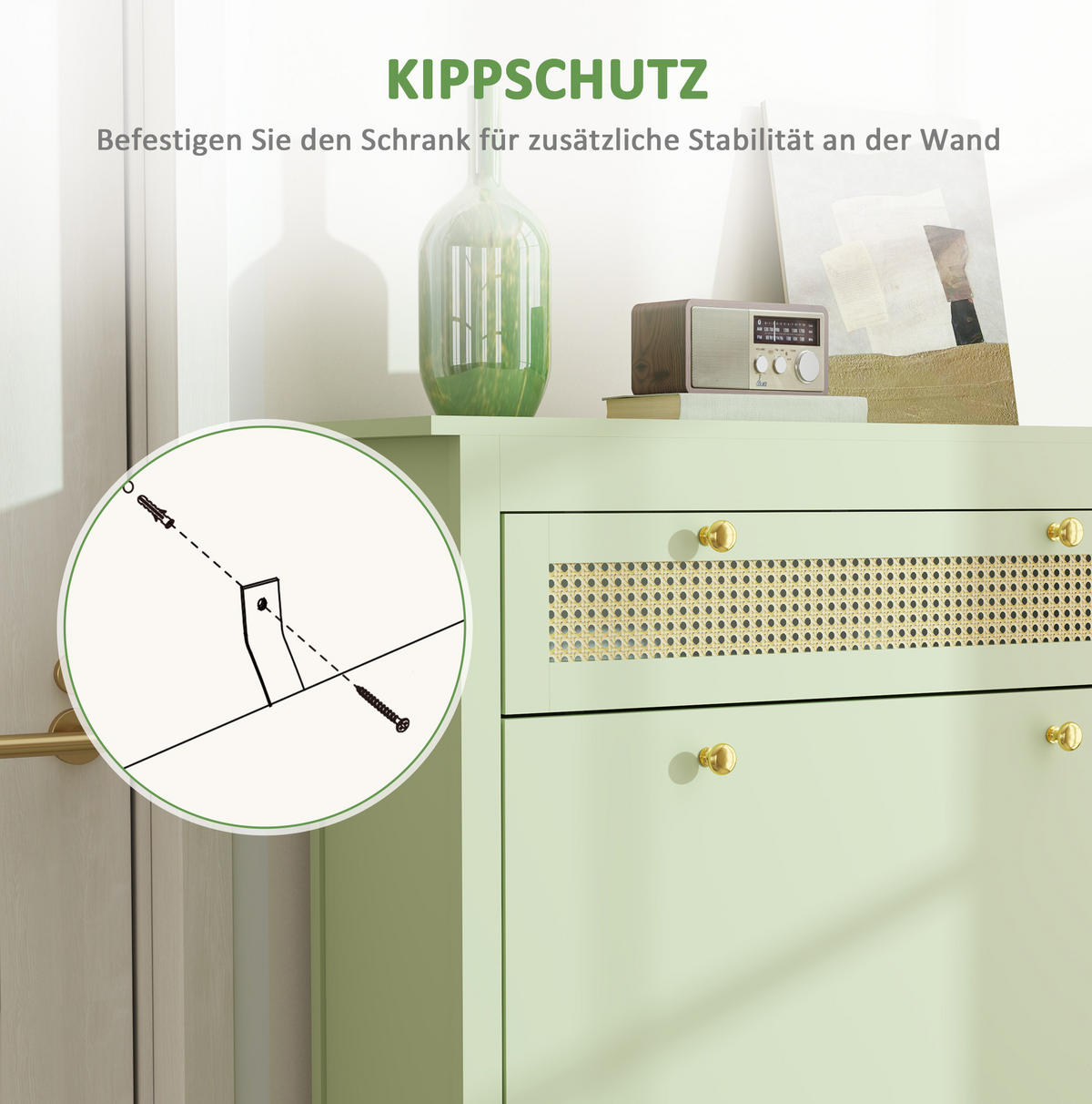 SCHUHSCHRANK 88/30/120 cm mit 2 Klappen, Schublade und Rattanoptik, Grün - Grün, Holzwerkstoff (88/120/30cm) - Redom