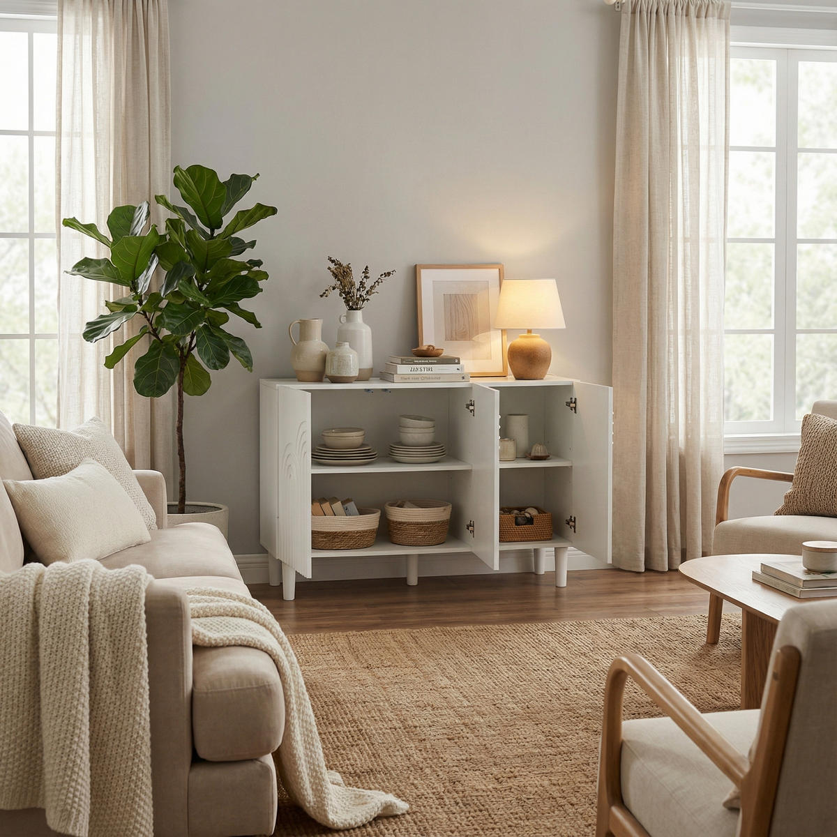 SIDEBOARD 120 cm in Weiß Kommode mit 3 Designtüren & verstellbaren Fächern - Weiß, Holzwerkstoff (120/79/39cm) - Urban Meuble