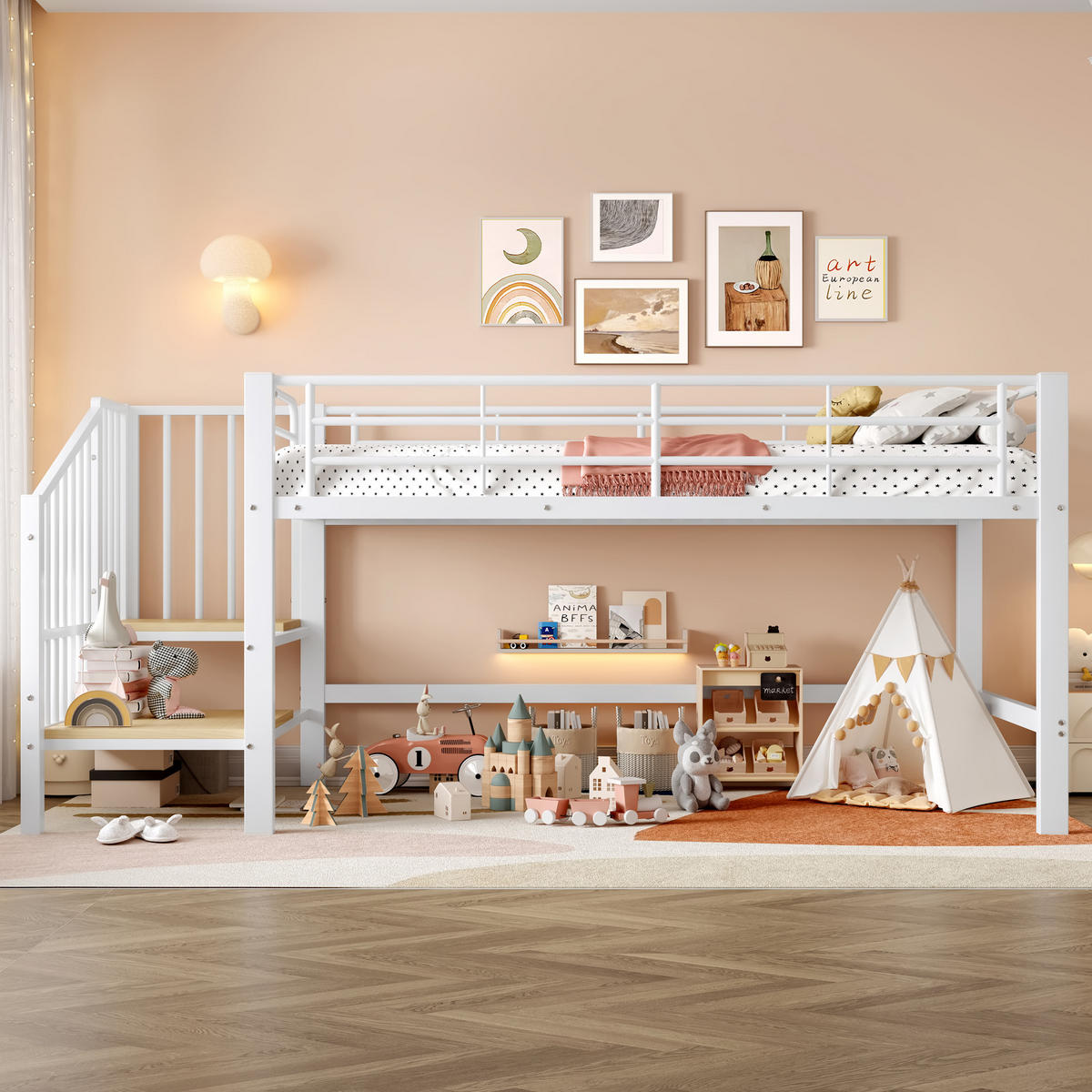 HOCHBETT 90/200 cm in Weiß mit Stauraumtreppe aus MDF & Metall - Weiß, Holzwerkstoff/Metall (90/200cm) - CHICFURN