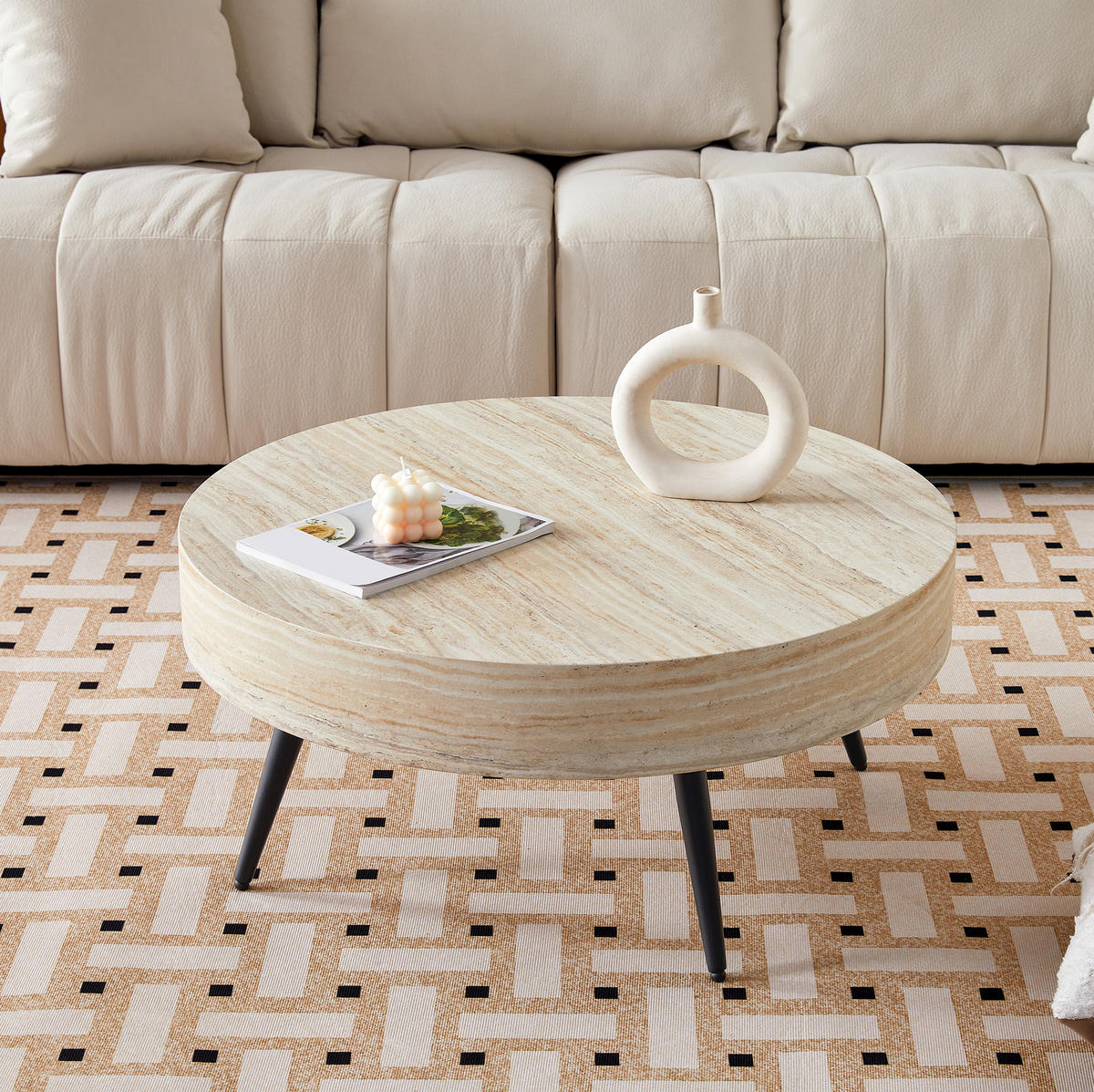 KONFERENČNÍ stolek 70/70/35,5 cm černá světlý dekor z MDF a kovu s nastavitelnými nožkami - černá, kompozitní dřevo (70/70/35.5cm) - OKWISH