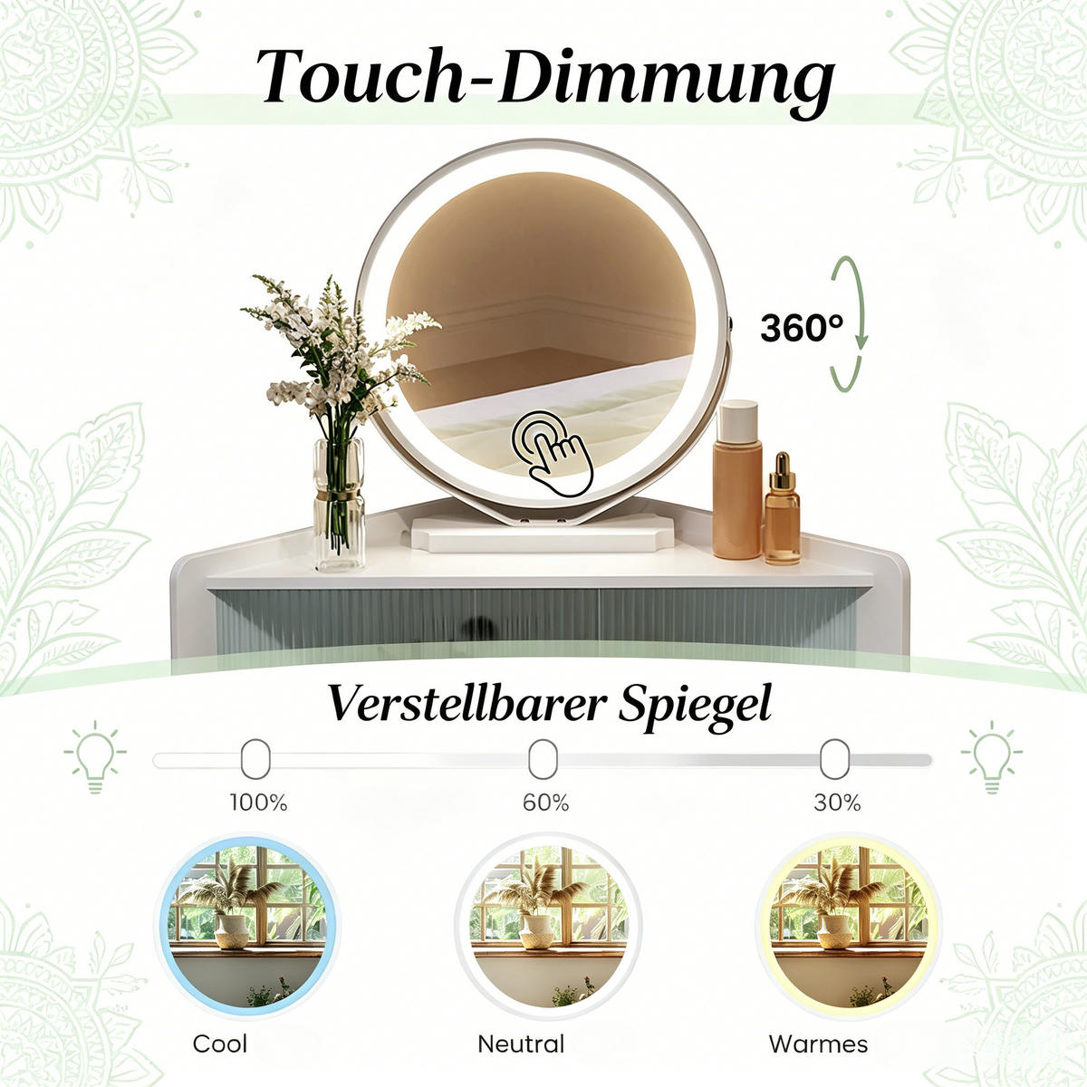 SCHMINKTISCH verfügt über einen um 360° drehbaren runden Spiegel - Weiß, Holzwerkstoff (99/139/63cm) - Vallsero