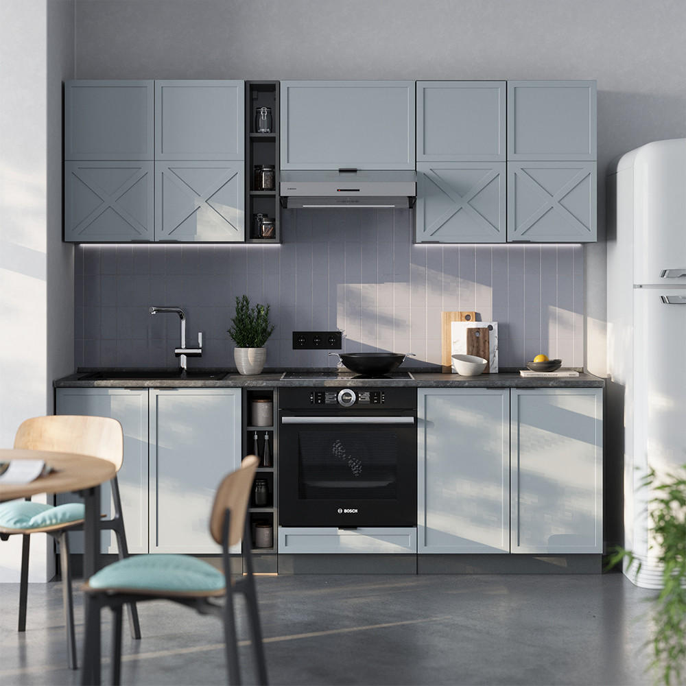 KÜCHENZEILE Fame-Line Hellblau-grau/Anthrazit 235 cm, AP Anthrazit - Anthrazit/Blaugrau, Holzwerkstoff (235/81.6/60cm) - Vicco