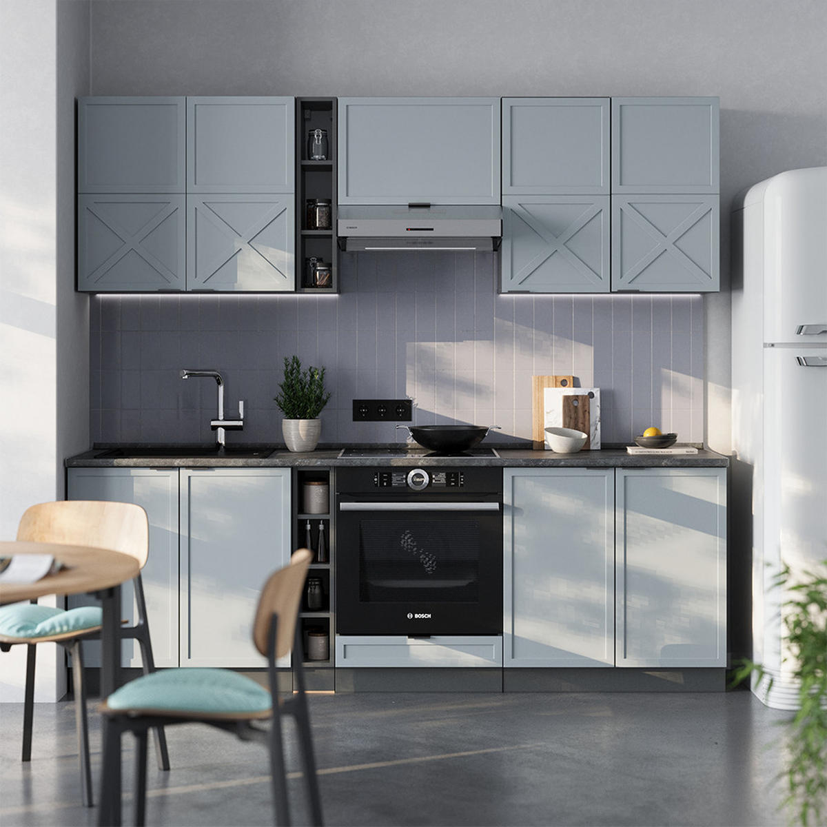 KÜCHENZEILE Fame-Line Hellblau-grau/Anthrazit 235 cm, AP Anthrazit - Anthrazit/Blaugrau, Holzwerkstoff (235/81.6/60cm) - Vicco