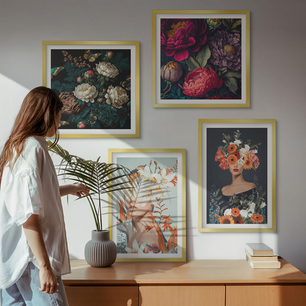 WANDBILDER 4er Set - 50x50 cm & 40x60 cm Goldrahmen - Blumenporträts, Sträuße, Blätter - Goldfarben, Kunststoff (50/50cm) - ArtPrintCave
