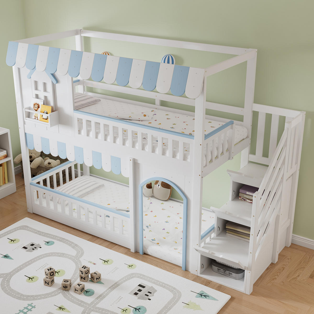 ETAGENBETT 90/200 cm Weiß, Blau - Blau/Weiß, Holz/Holzwerkstoff - Raumix