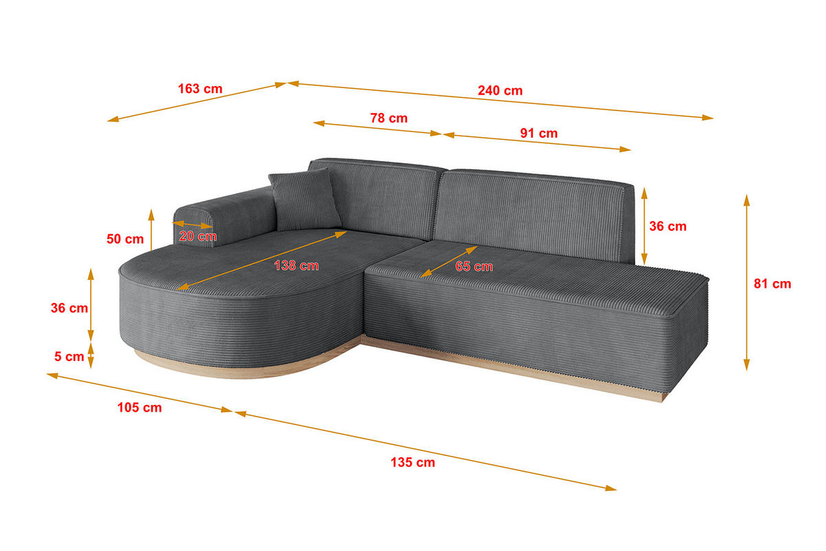 ECKSOFA Ottomane Links ARRIO-L1 - 243x171x83 cm Dunkelgrau - Dunkelgrau, Holzwerkstoff/Textil (243/171cm) - ALTDECOR