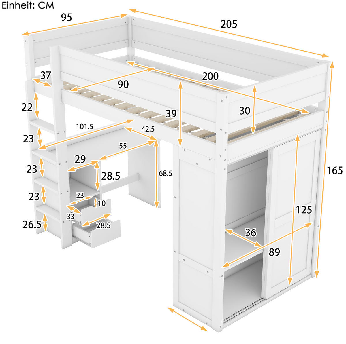 HOCHBETT 90/200 cm weiß mit Schreibtisch und Kleiderschrank mit Matratze - Weiß, Holzwerkstoff (90/200cm) - OKWISH