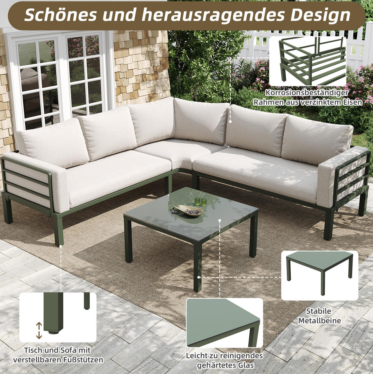 GARTENMÖBEL-SET aus Eisen mit Couchtisch aus gehärtetem Glas, 4-5 Sitzer, 114/60/70,5 cm, Beige - Beige, Metall - Redom
