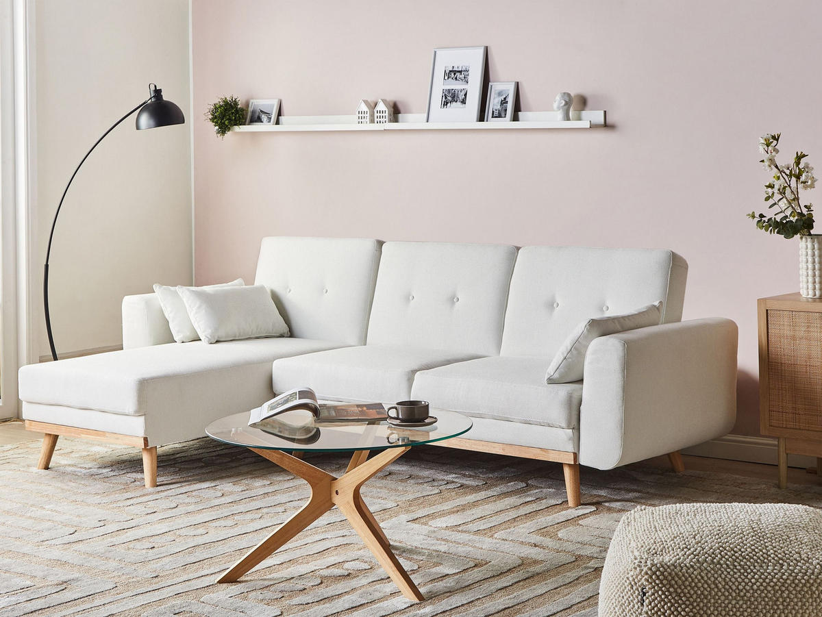 ROZKLÁDACÍ ROHOVÁ POHOVKA 3-místná Látka Bílá pravostranná Kaarina - světle hnědá, textil (260/152cm) - Beliani