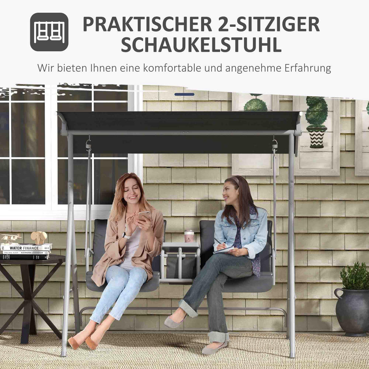 HOLLYWOODSCHAUKEL 2-Sitzer Schaukelbank mit Baldachin, Tasche, Tablett, Schwarz - Schwarz, Metall (110/165/175cm) - Outsunny