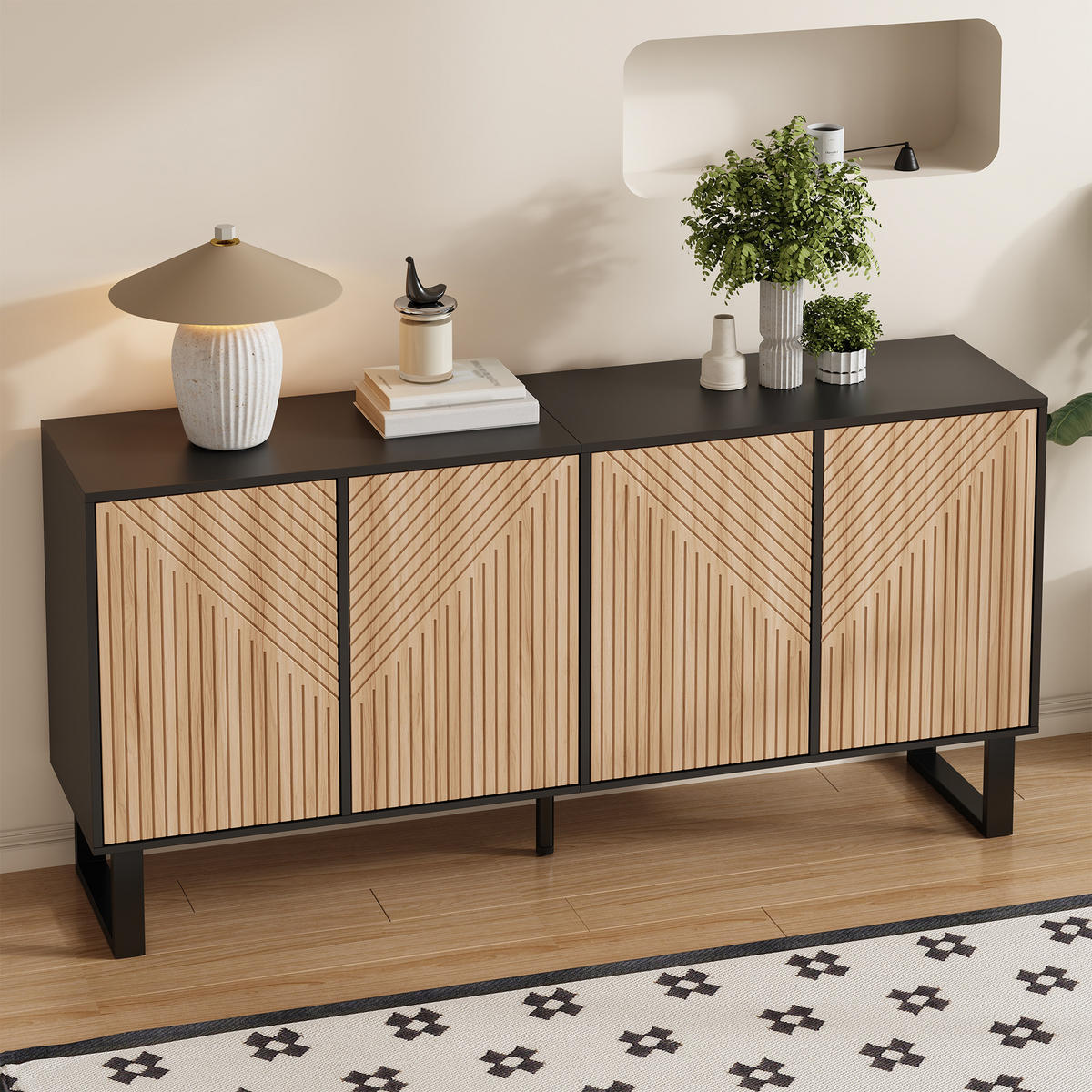 SIDEBOARD Black-Natural 160/38/75 cm - Schwarz, Holzwerkstoff (160/75/38cm) - PANGIVO
