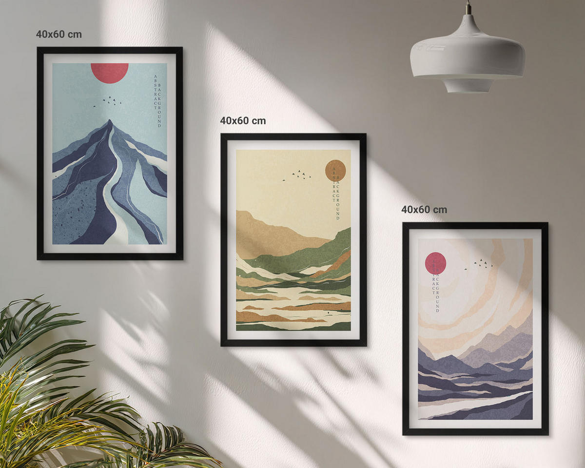 BILDER SET 3er Set - 40x60 cm Schwarzer Rahmen - Pastellfarbene Berge im Japandi-Stil - Schwarz, Kunststoff (40/60cm) - TULUP