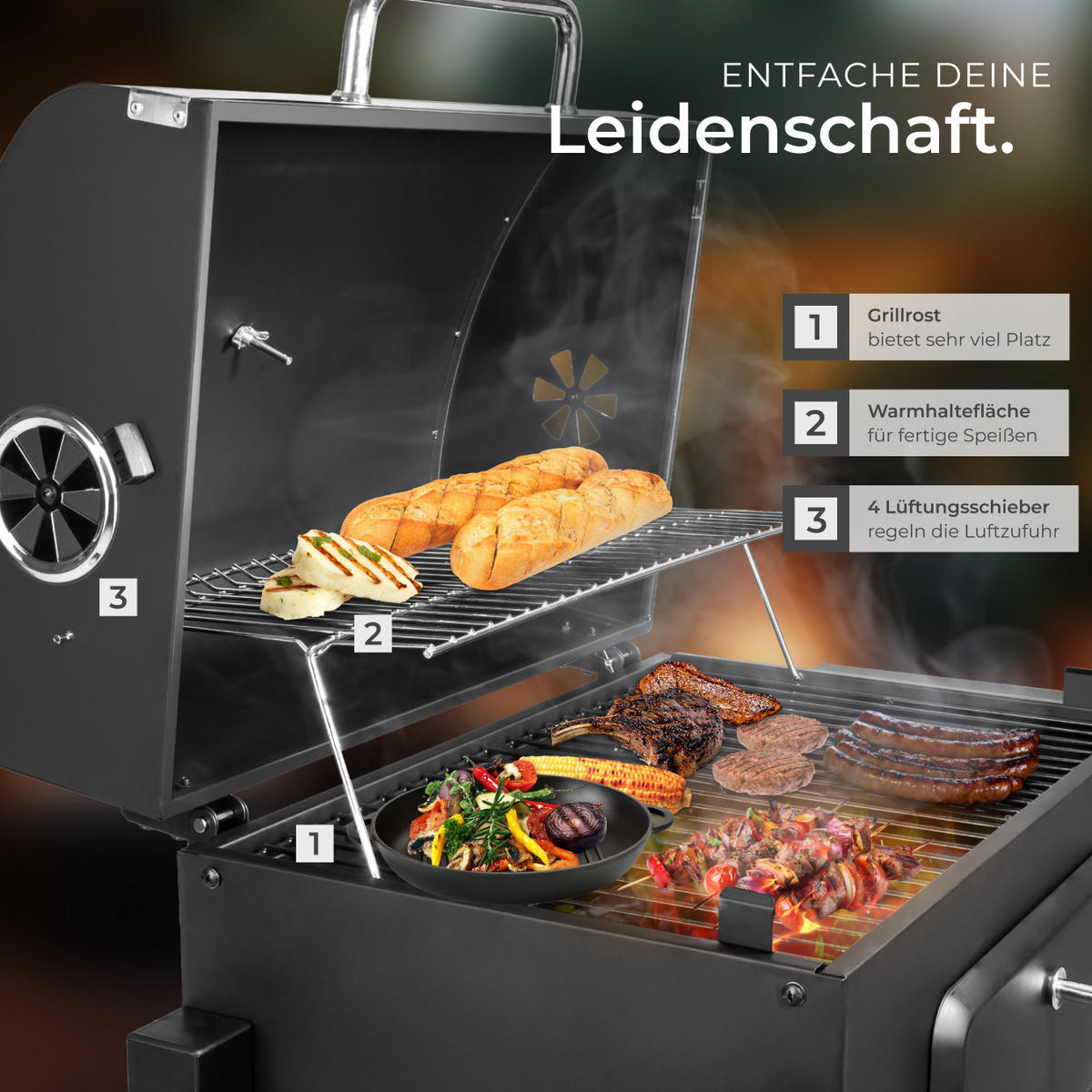 HOLZKOHLEGRILL Florian,115 x 65 x 107 cm,schwarz - Schwarz, Metall (65/107/115cm) - tectake