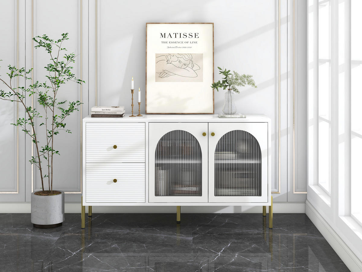 SIDEBOARD mit Vitrine Marmor Glas Weiß - Weiß, Glas (40/73/120cm) - Urban Meuble