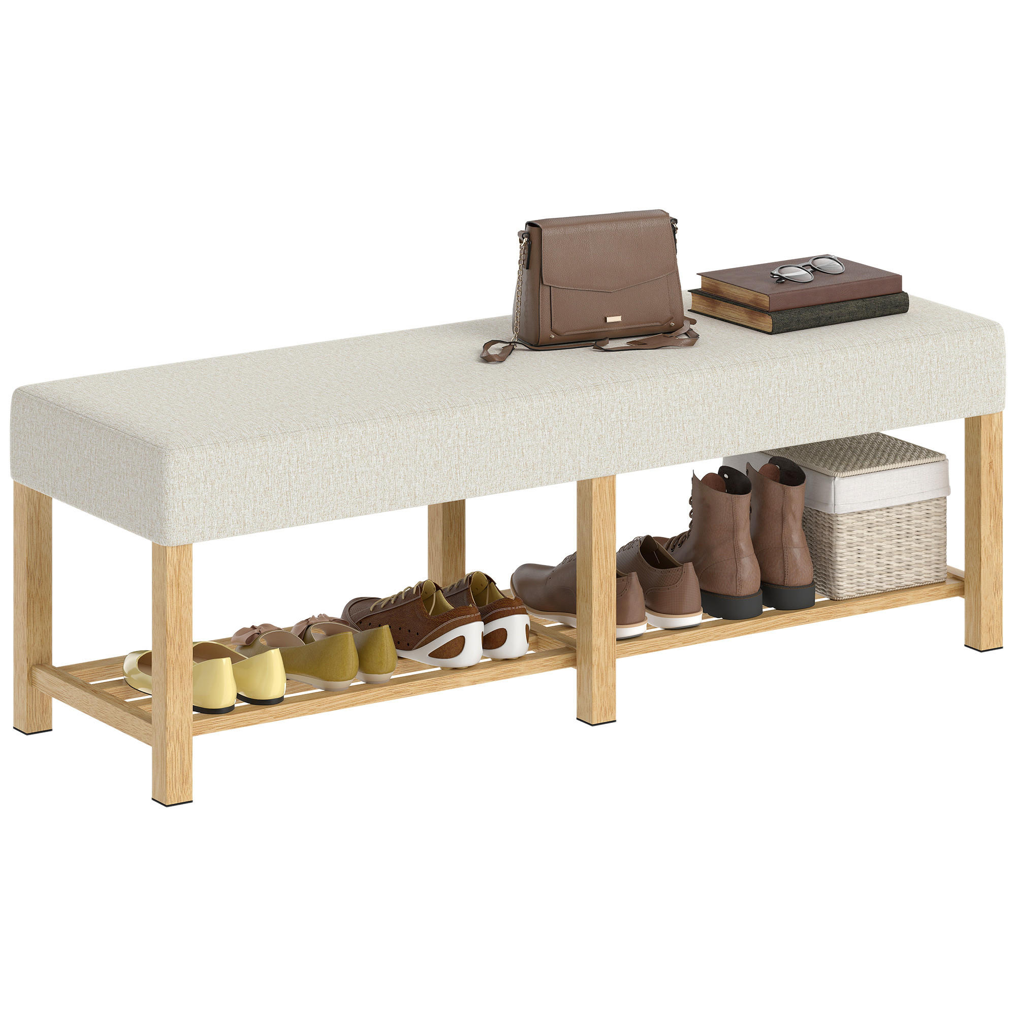 SCHUHBANK Natur und Cremeweiß gepolstert 140/44/48 cm - Creme, Holz (140/48/44cm) - PANGIVO