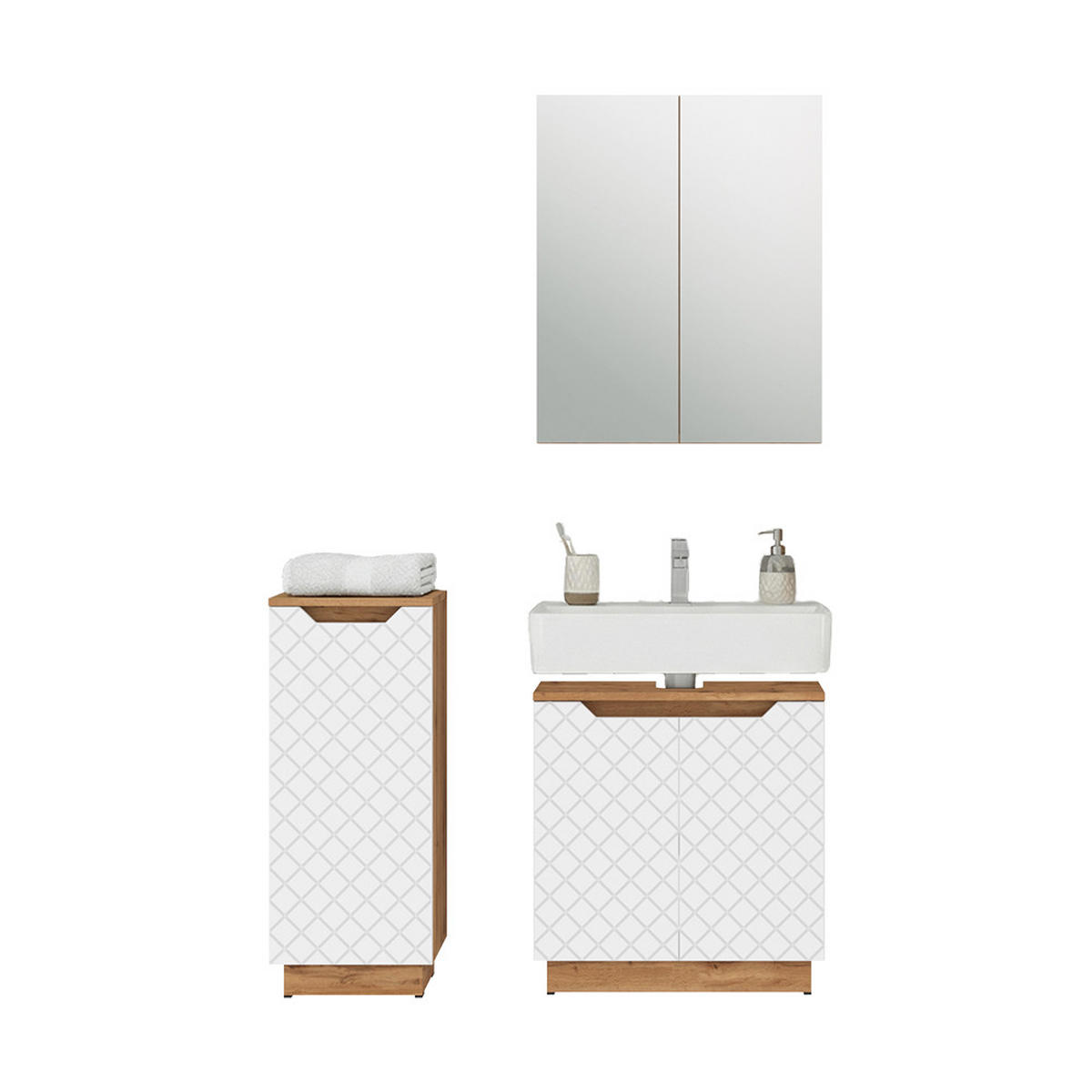 BADMÖBEL-SET Lotta Eiche/Weiß mit Kachelstruktur 3 Teile - Weiß, Holzwerkstoff (59.8/62.1/32cm) - Vicco