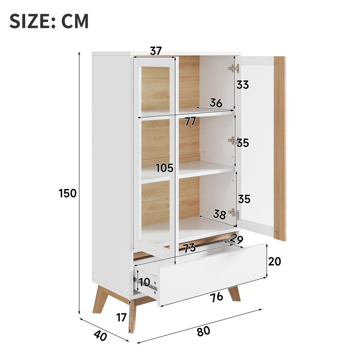 HIGHBOARD DE-38604 80/40/150 cm verstellbare Einlegeböden Weiß/Holz - Weiß, Holzwerkstoff (80/150/40cm) - ComfortXL