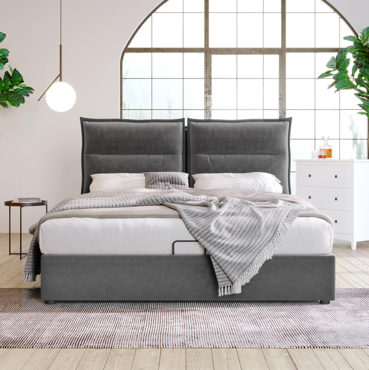 POLSTERBETT 140/200 cm mit hydraulischem Bettkasten & verstellbarem Kopfteil, Grau - Grau, Textil (140/200cm) - Redom