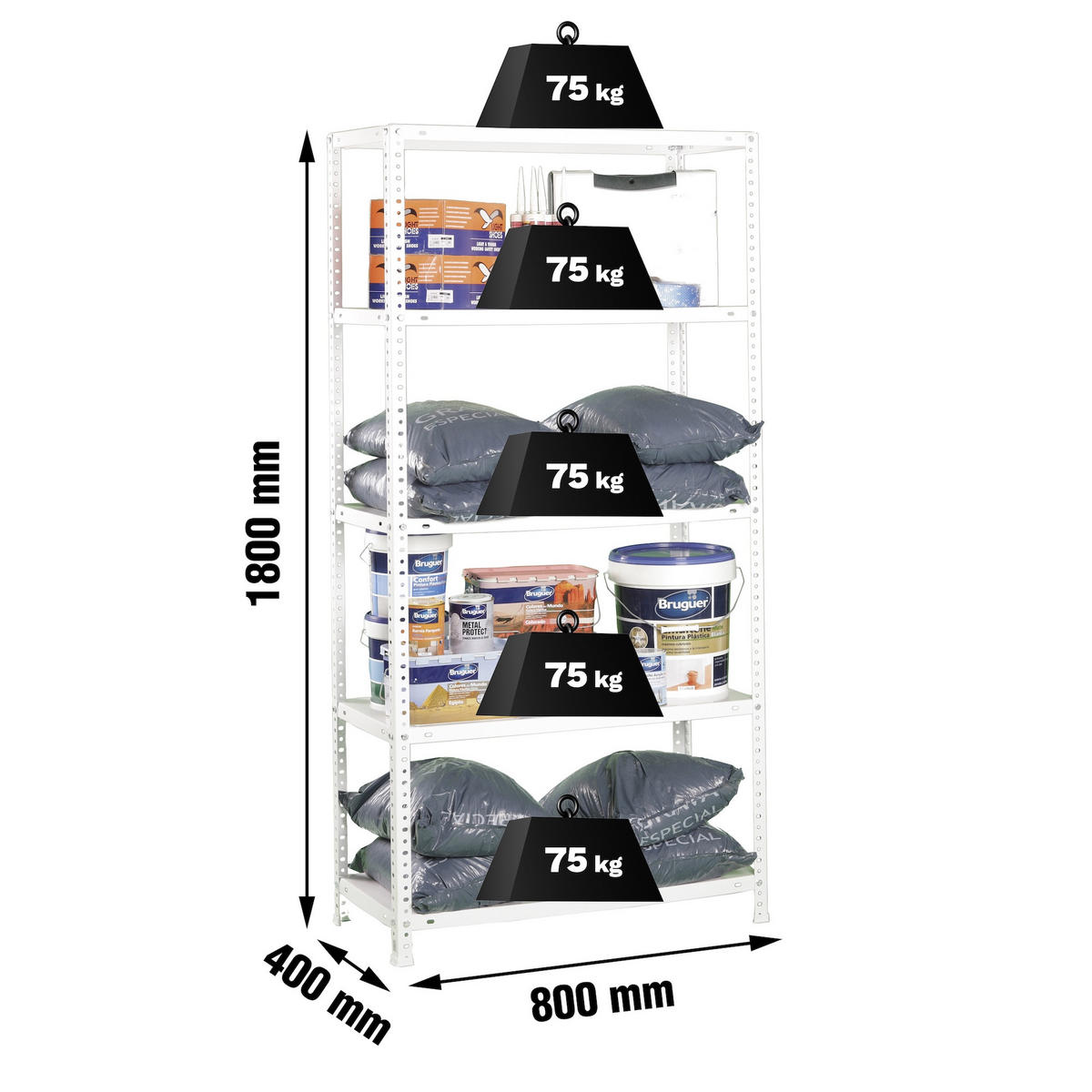 SCHRAUBREGAL PANDA | HxBxT 180x80x40cm | 5 Fachböden | Fachlast 75kg | Weiß - Weiß, Metall (80/180/40cm) - PROREGAL