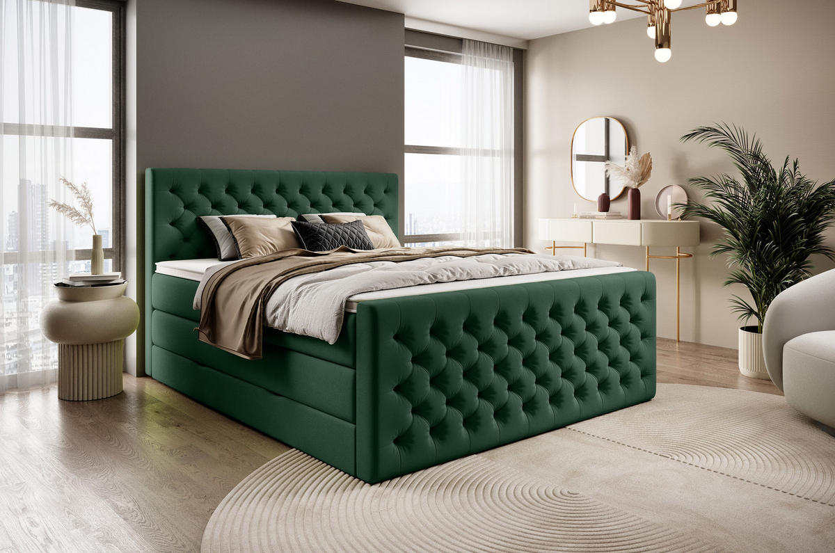 BOXSPRINGBETT Victoria Olive 160 /200 cm H3/H4 Samt - Olivgrün, Textil (160/200cm) - wonello