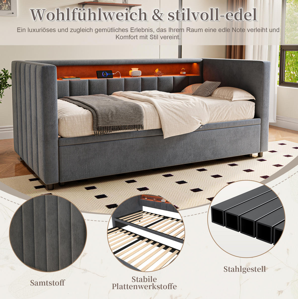 POLSTERBETT aus Samt 90x190 cm in Dunkelgrau mit LED & USB-Type-C - Dunkelgrau, Textil (90/190cm) - Modfu