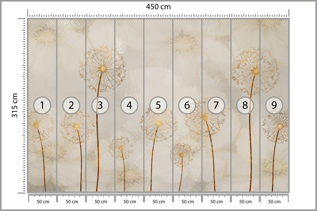 FOTOTAPETE für Schlafzimmer Goldene Löwenzahn Aquarell Blumen 450x315 - Gelb/Beige, Papier (450/315cm) - Muralo