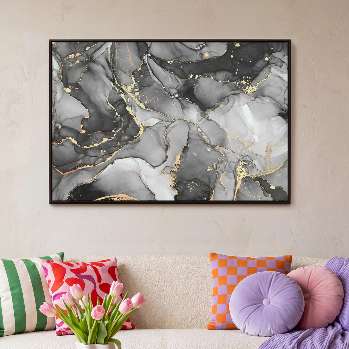 LEINWAND Bilder mit Rahmen - Grau - Luxus - Gold - Marmor - 90x60 - Dunkelgrau, Textil (90/60cm) - MuchoWow