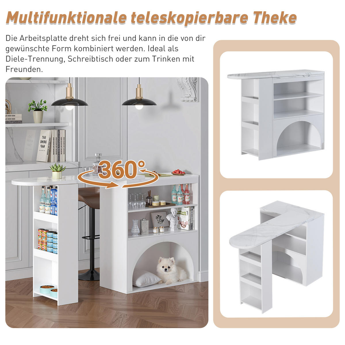 BARTISCH DE-38772 ausziehbar 120-180 cm mit Haustierbereich Weiß/Marmoroptik - Weiß, Holzwerkstoff (40/120/100cm) - ComfortXL
