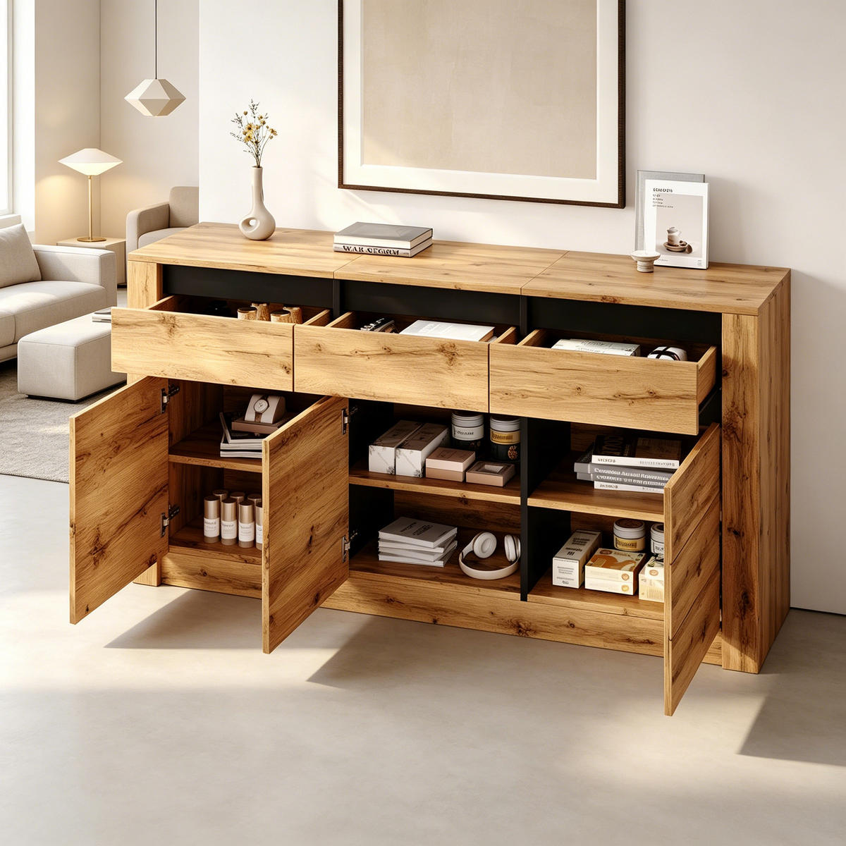 BUFLET 135cm cu Wellenholzoptik, 3 Schubladen & Schrankfächern, Naturholzfarbe - culoare naturală, compozit lemnos (135/70/35cm) - Urban Meuble