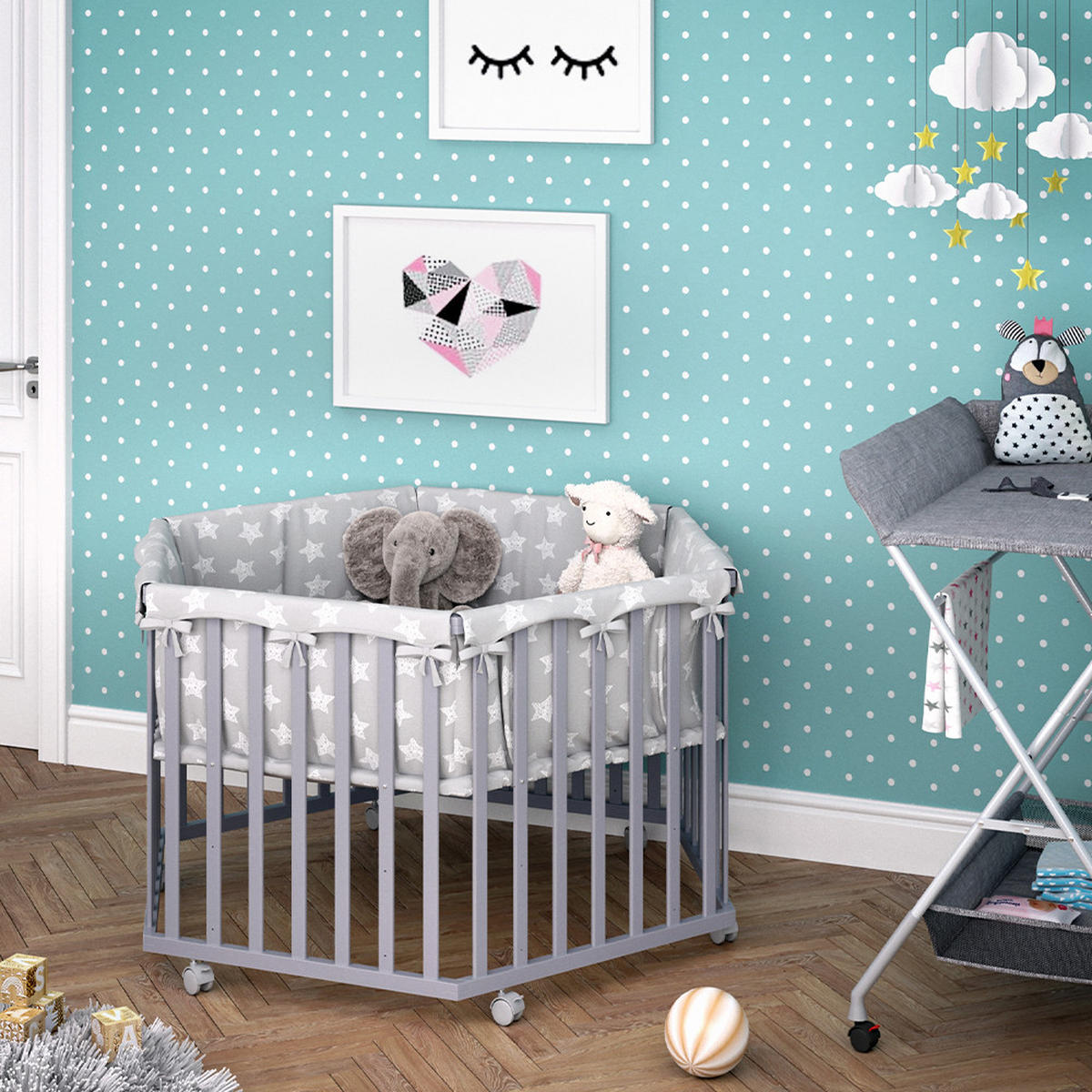 LAUFGITTER Estrella Grau 128 x 110 cm 6 Ecken - Grau, Holz (128/70/110cm) - VitaliSpa