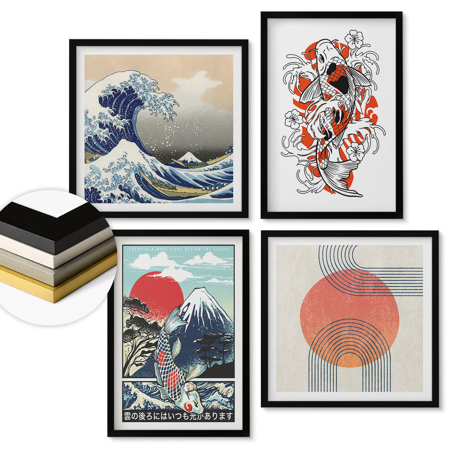 WANDBILDER 4er-Set - 50x50 cm & 40x60 cm Schwarzer Rahmen - Illustrationen von Fischbergen, die sich in Japan ausbreiten - Schwarz, Kunststoff (50/50cm) - ArtPrintCave