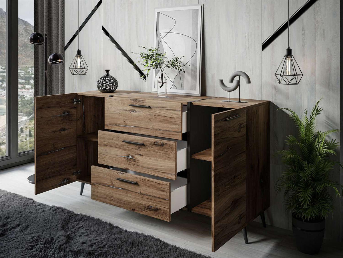 SIDEBOARD mit Schubladen ONYX LOFT auf Beinen - Eichefarben/Schwarz, Holzwerkstoff (158/88/41.3cm) - Lookway