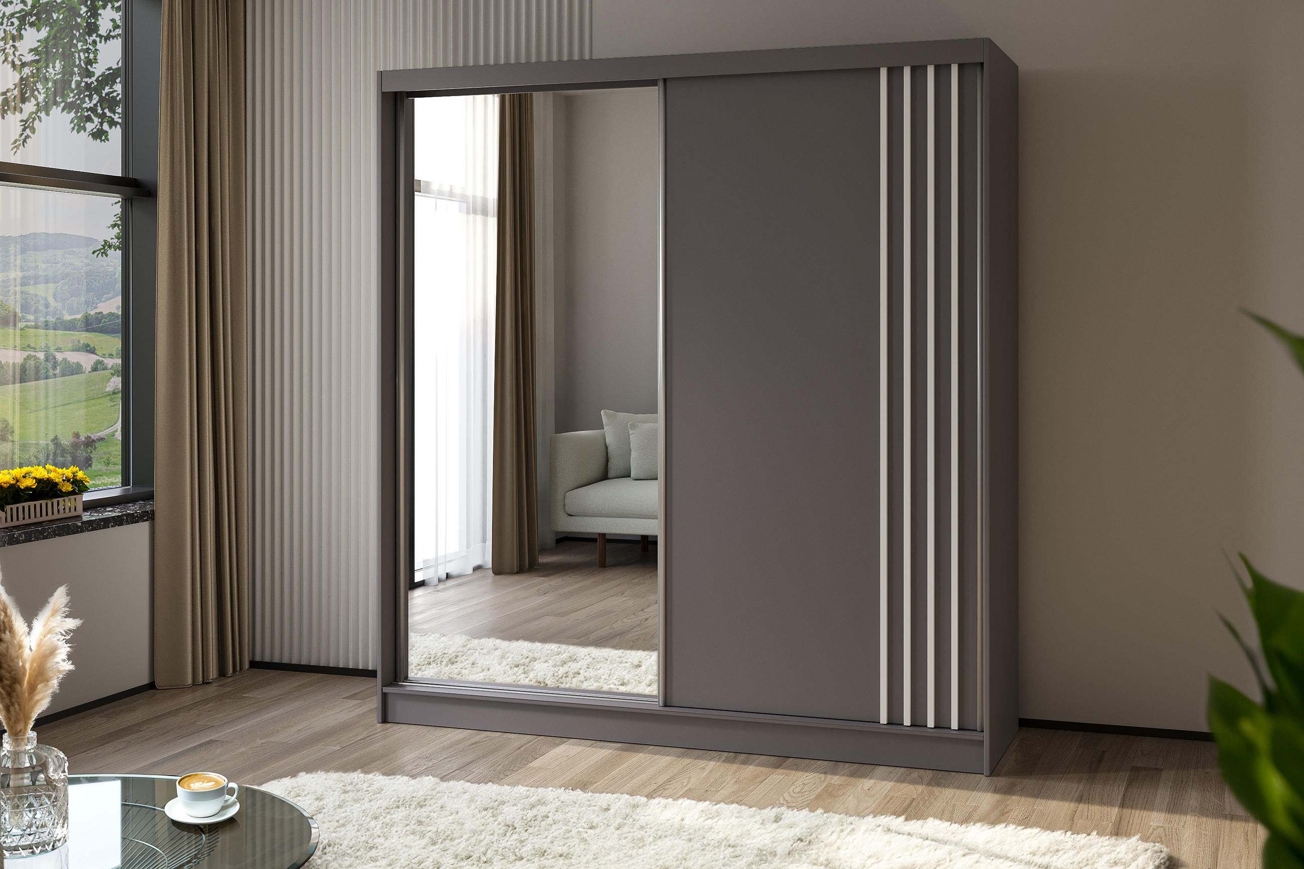 KLEIDERSCHRANK mit Spiegel-Schiebetüren und Aluminium-Leisten, LED-Beleuchtung - NALLA - 200 cm Grau+Grau+Weiß - Weiß/Grau, Holzwerkstoff (200/216/61cm) - ALTDECOR