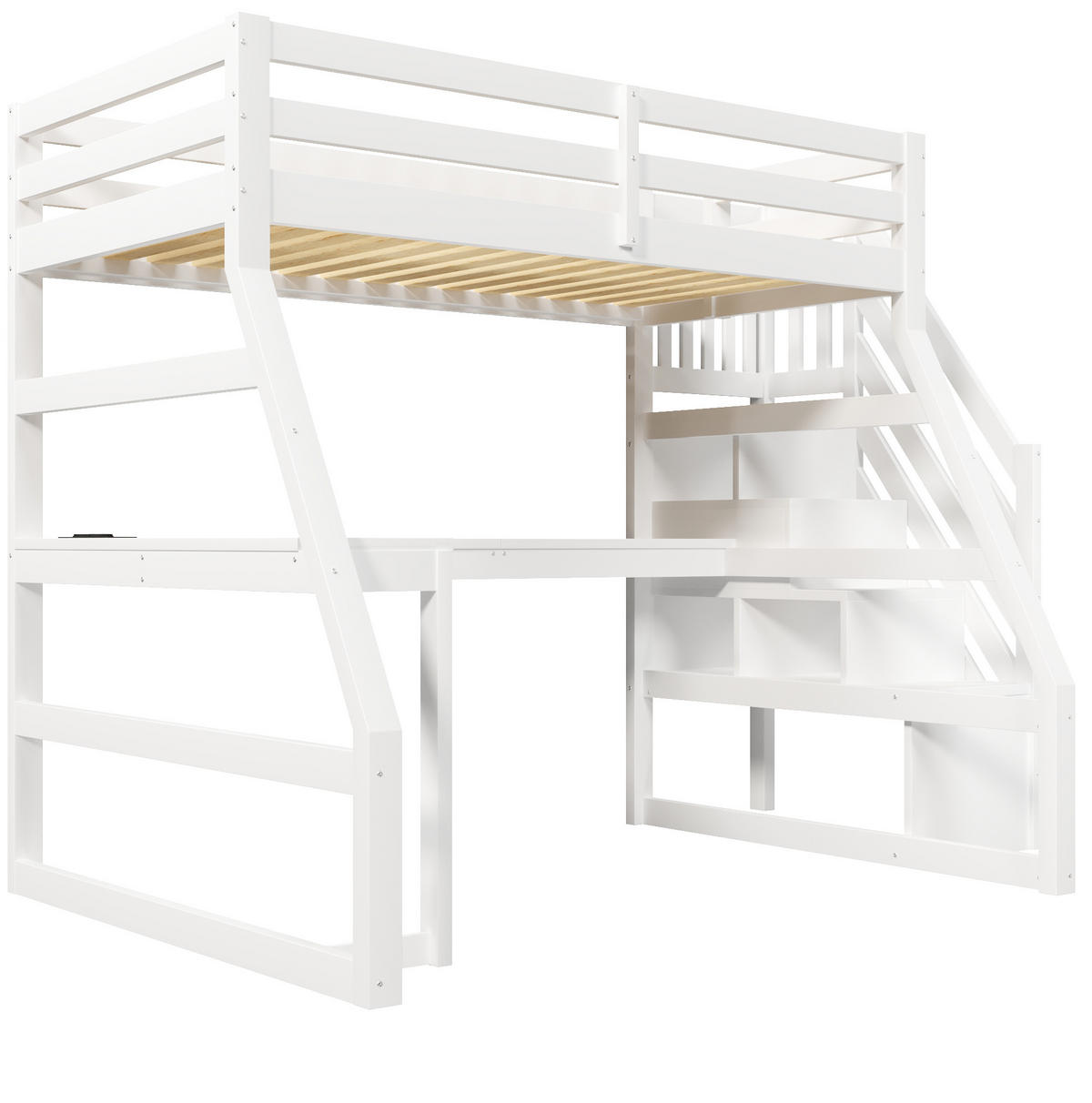HOCHBETT 90/200 cm, Weiß mit L-förmigem Schreibtisch, LED und Stauraumtreppe - Weiß, Holz (90/200cm) - MIVRAY