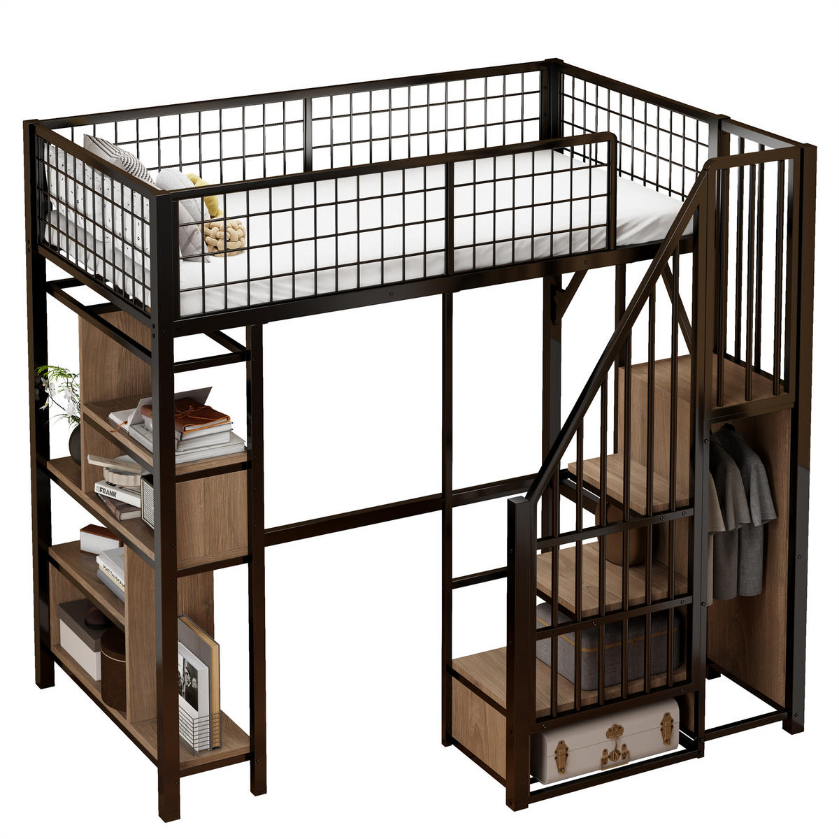 HOCHBETT 90/200 cm schwarz mit Stauraumtreppe und Ablageflächen - Schwarz, Metall (90/200cm) - OKWISH