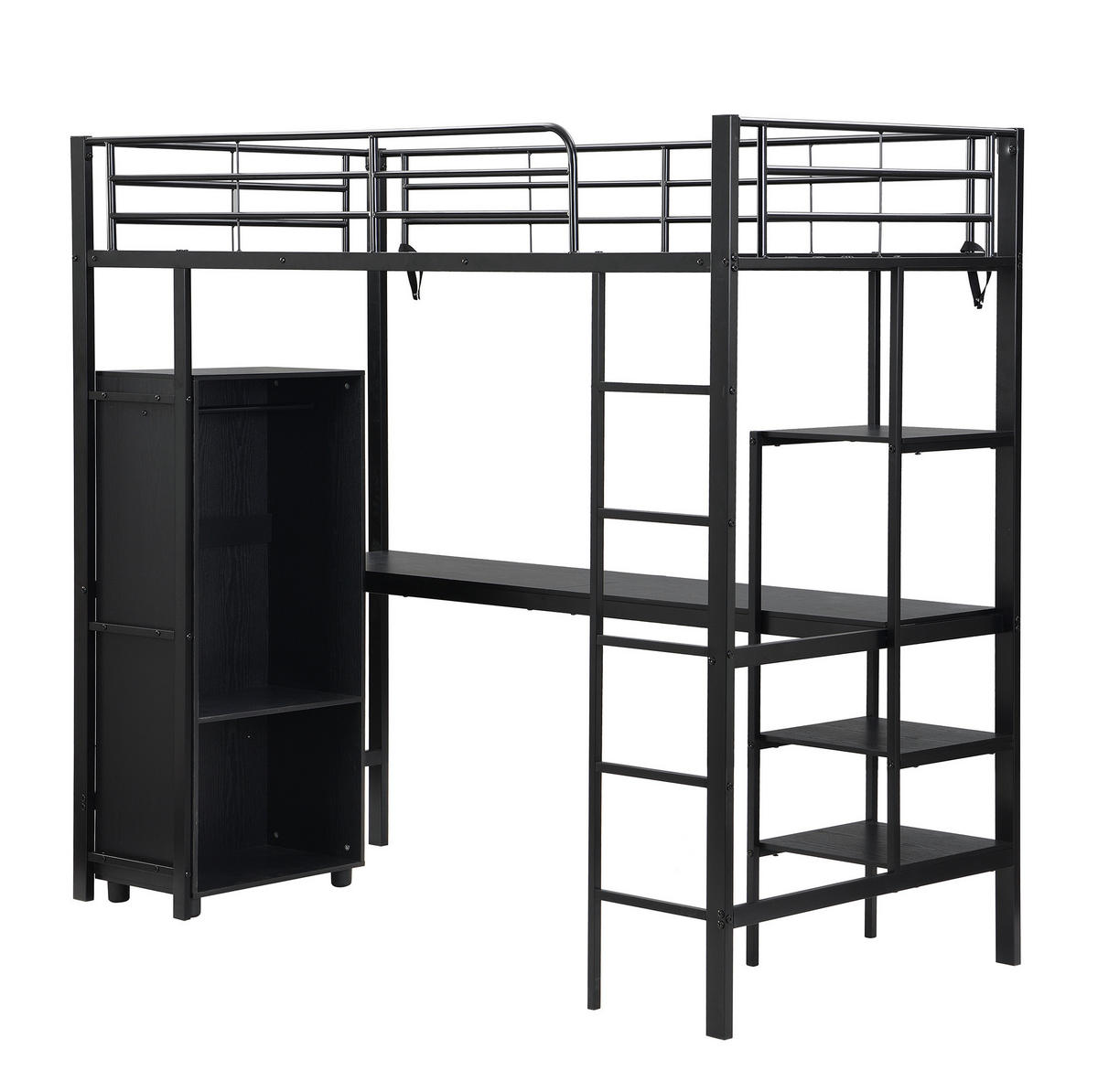 HOCHBETT mit Schreibtisch und Kleiderschrank 90x200 cm Metall Schwarz - Schwarz, Metall (90/200cm) - Beauniv