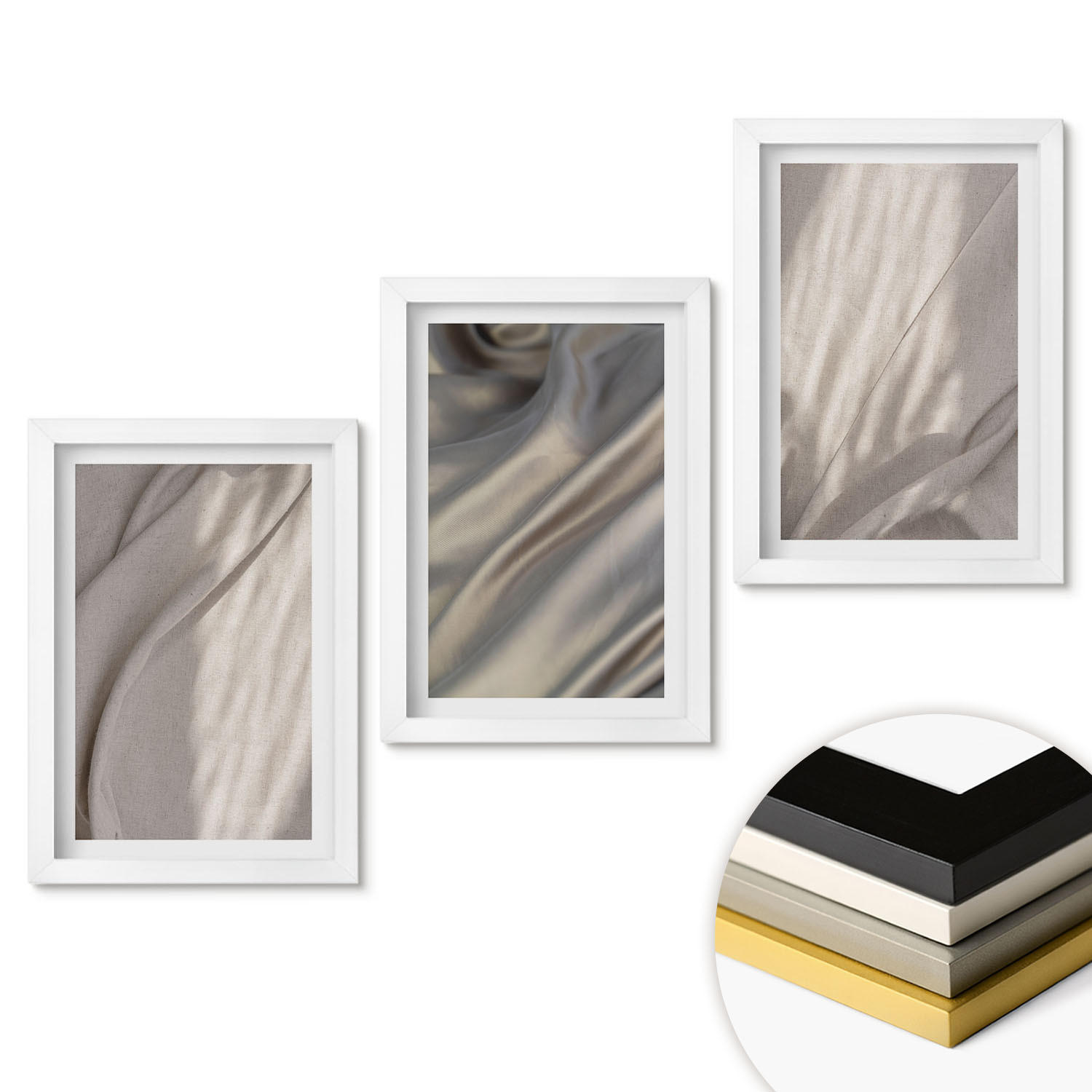 WANDBILDER 3er-Set - 20x30 cm Weißer Rahmen - Nahaufnahme von natürlichen Boho-Stoffen - Weiß, Kunststoff (20/30cm) - ArtPrintCave