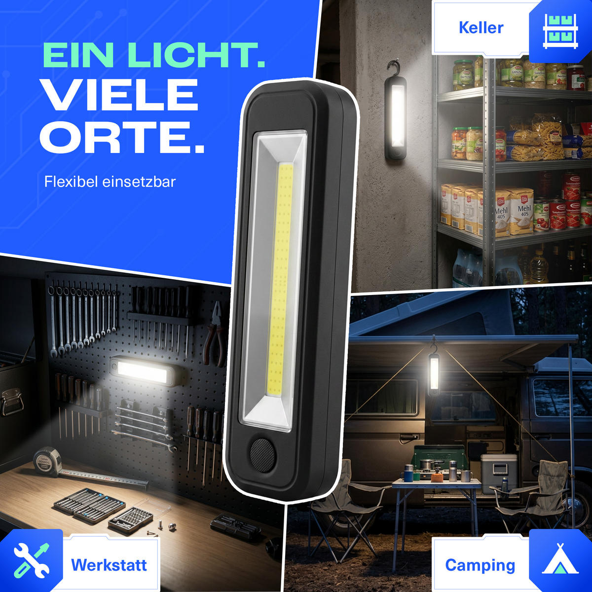 LED-BATTERIE-ARBEITSLEUCHTE - praktische Handlampe mit Magnet und Haken für Werkstatt und Zuhause, 1 Stück - Weiß, Kunststoff (5.5/2.9/22cm) - Northpoint