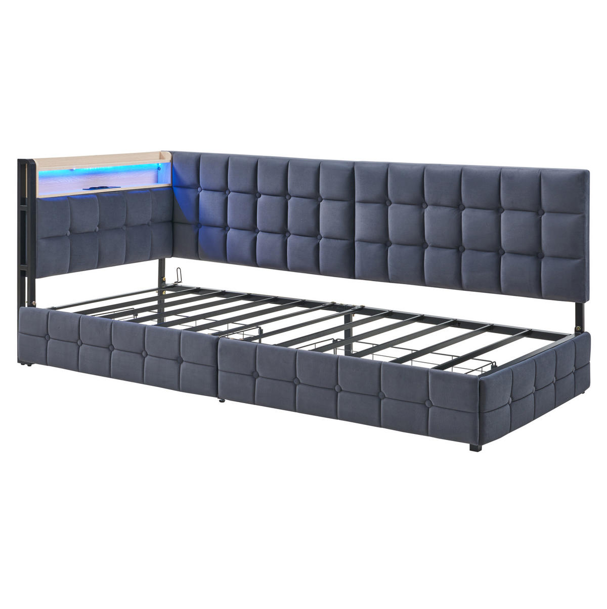 POLSTERBETT mit LED-Beleuchtung 90/200 cm mit 2 Schubladen und USB-C-Anschluss - Grau, Textil (90/200cm) - BEAOK