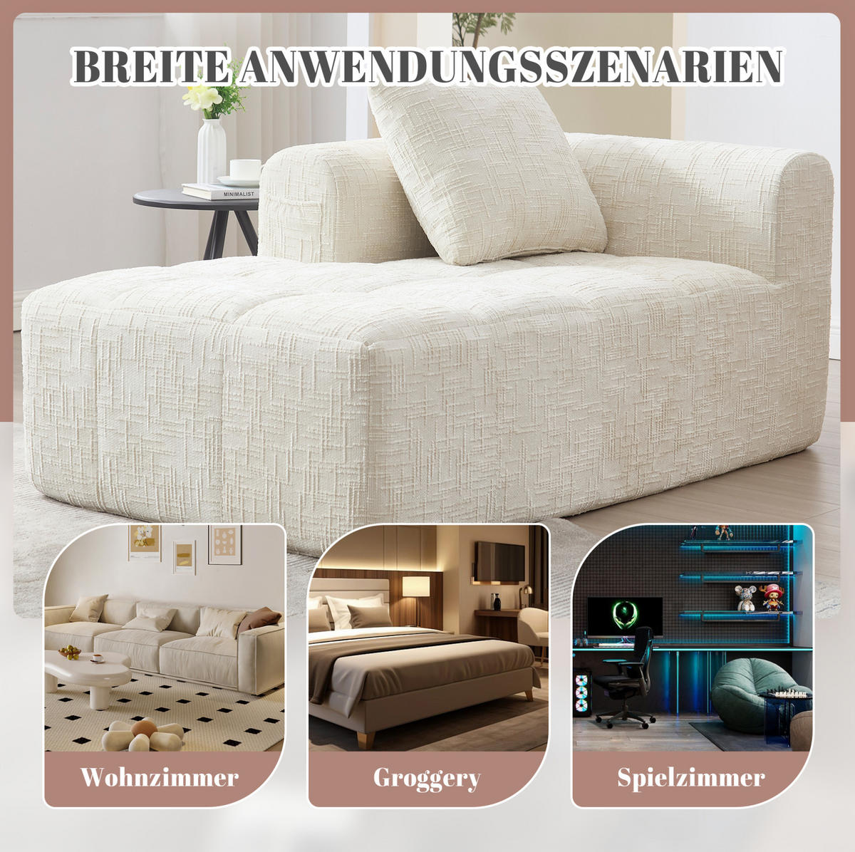 CHAISELONGUE Sofa Chenille mit Kissen und Seitentaschen 158/90/60 cm Beige - Beige, Textil (60/158/90cm) - Redom